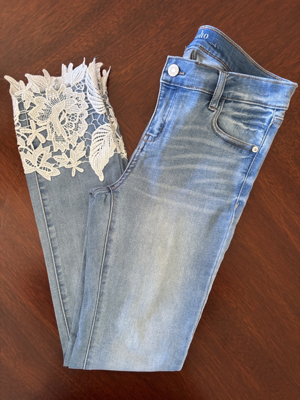 Light Blue Skinny Jeans with White Lace Trim
